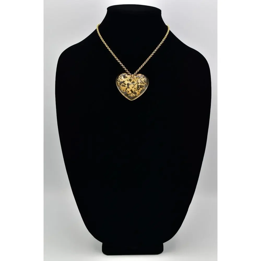 Vintage Heart Pendant Necklace Gold Foil Lucite Resin Designer Signed BinBJ